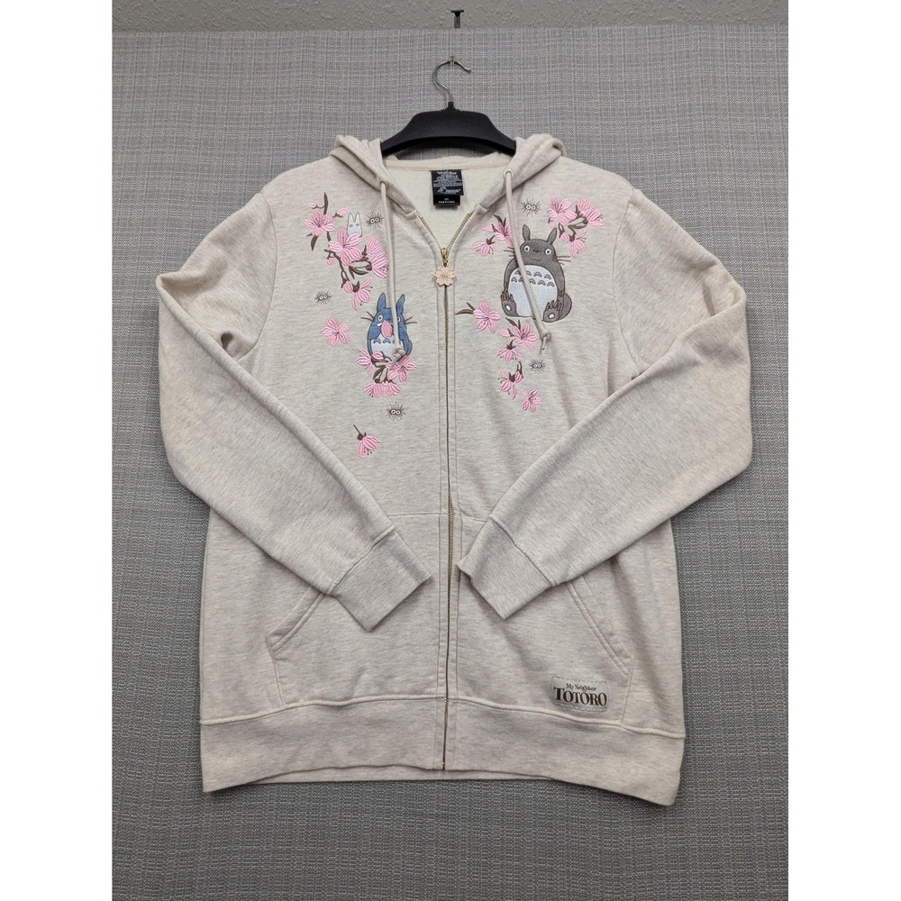 Studio Ghibli Hoodie Womens Medium Beige Totoro Cherry Blossom Zip Fleece Print - Picture 2 of 12